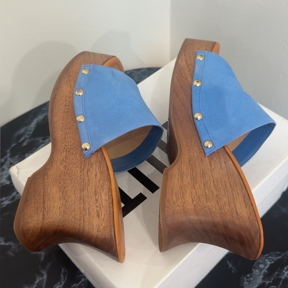 Schutz Blue Suede Wedge Heel Clog Sandals Lanneh Women's Size 8 AUTHENTIC NEW - Picture 7 of 9